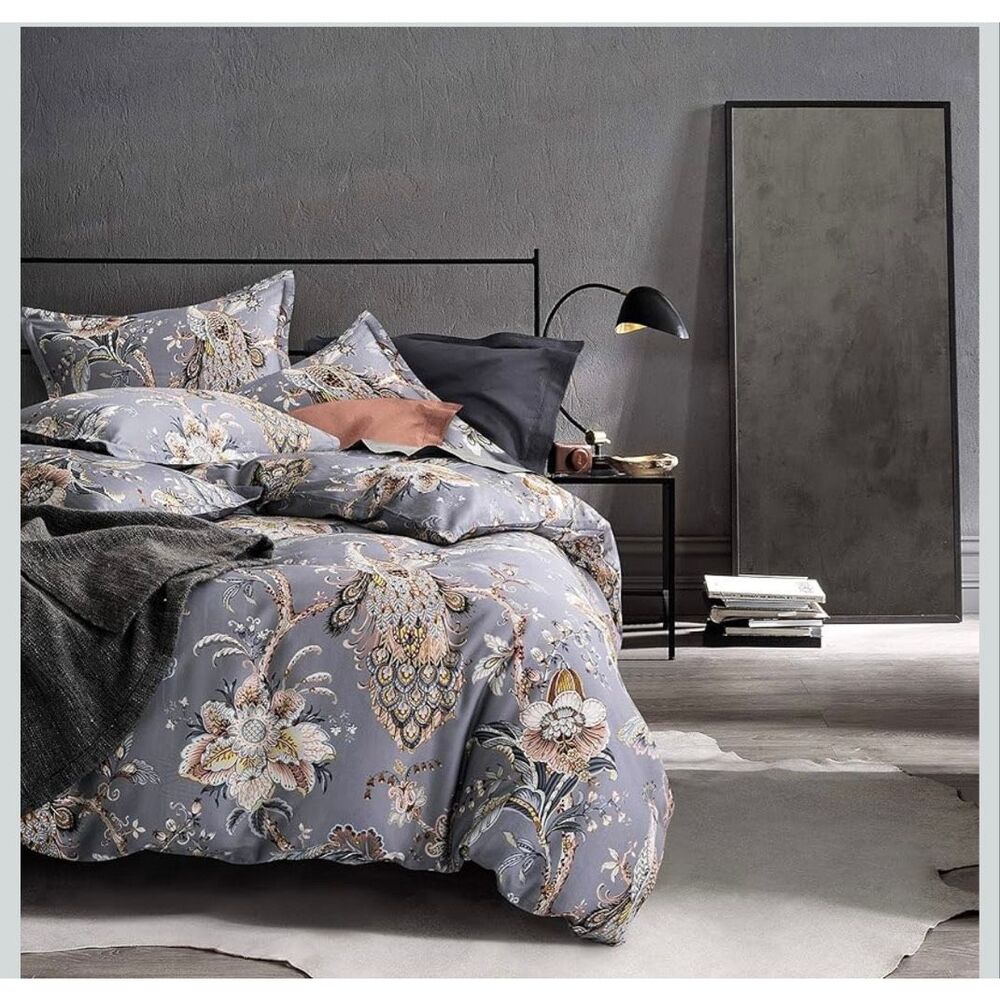 Tahari Home Luxury King 3 Piece Duvet Cover Set Peacock Jacobean Birds Flowers 1